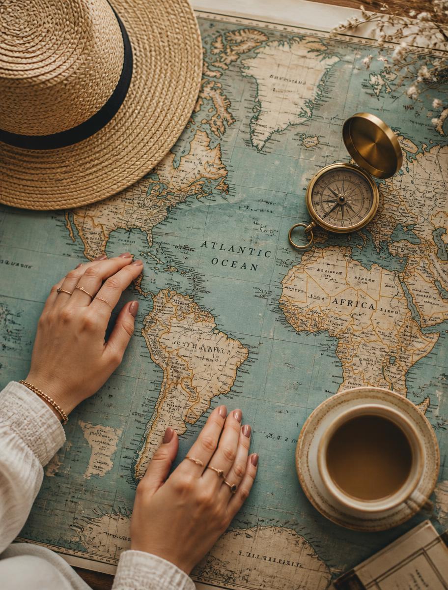 Overhead view of a woman's hands on a vintage world map with a brass compass, sun hat, and coffee