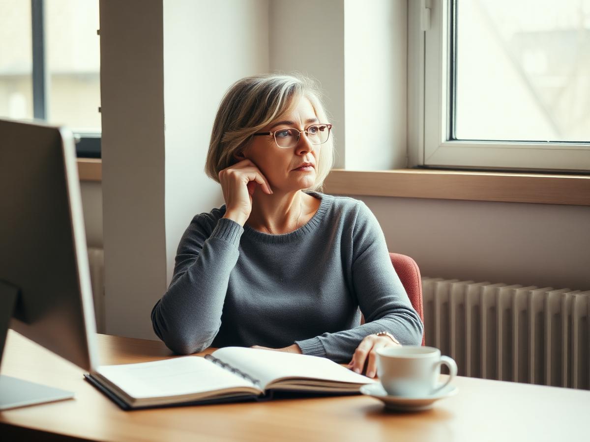 A woman pausing thoughtfully at her desk beside a bright window